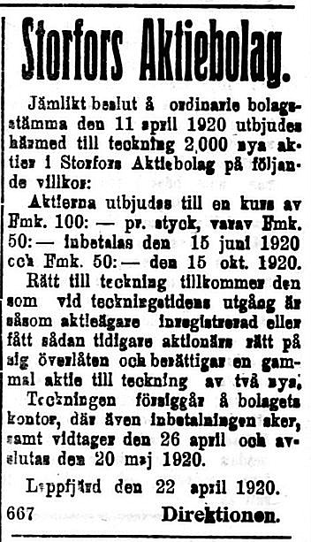19200424 Nya aktier i Storfors bjudes ut