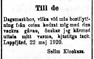 Selim Klockars som var lärare vid folkskolan i Dagsmark från 1919-1920 tackar för gåvan.