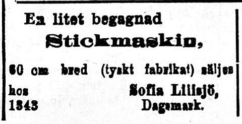 Lillsjö-Bagarinas hustru Sofia vill sälja en stickmaskin 1.9.1920.