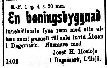 Josef Hosioja bjuder en gård som torde vara "Skaftung" på Lillsjölidvägen. Annons ur Syd-Österbotten 11.9.1920.