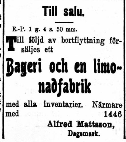Alfred försökte 25.9.1920 sälja bageriet som han drev i "Mylläris gård". Detta lyckades inte, utan det blev sedan båda dödsfall och konkurs.