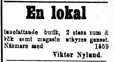 9.10. 1920 vill Nylund hyra ut en lokal. Det skulle vara roligt att veta var denna lokal låg.