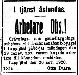 19201127 Lantmannabankens bygge påbörjas i Lappfjärd