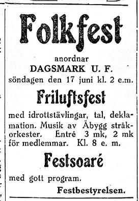13 juni 1928 annonserade föreningen så här i Syd-Österbotten.