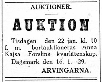 Anna Kajsa var född Yrjäns i Påskmark men hon gifte sig med "Lillkårk-Josip" Lång i Dagsmark och då hon dog 1929 så bodde de på Åbackan. Hon var mor till Axel Forslin, Erland Grönroos och Maria Backlund.