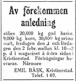 Emil Båsk som var född i Dagsmark flyttade i början på 1920-talet till Kristinestad, där han sysslade med affärer fram till 1929 då han med sin familj flyttade till Helsingfors. 26.1.1929 bjuder han ut en större mängd säd, lagrad i ett magasin på östra sidan.