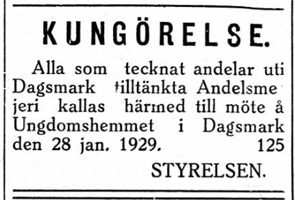 31.1.1929 bönderna som tecknat andelar skall komma på möte och besluta om byggande av nytt mejeri.