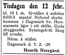 Henrik Norrgård som i början på 1920-talet hade förvärvat Nybonds hemman på Åbackan sålde hemmanet och alla byggnader på auktion. Annons i Syd-Österbotten 9.2.1929.