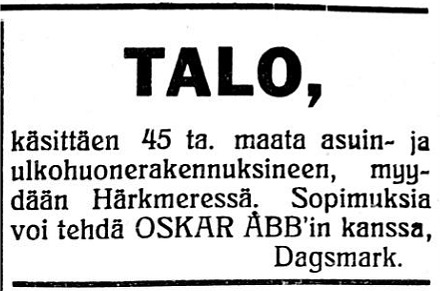 Oskar Åbb sjuder ut ett hemman med gård i Skaftung efter att han hade förvärvat Rosenblads gård i Palon.