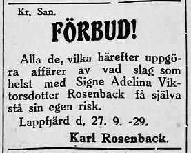 "Kväänå-Kalle" varnar allmänheten att göra några som helst affärer med hans hustru Signe Adelina Ulfves. Annons i Syd-Österbotten 28.9.1929.