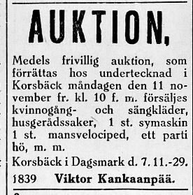 Änklingen Viktor Kankaanpää, senare Berglind annonserade 9.11.1929 om auktion efter hustrun Helmi Marias död i augusti samma år.