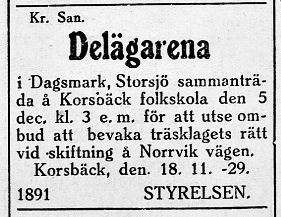 Efter att den nya väglagen trätt i kraft, så skulle Norrvik vägen skiftas enligt delägarna. Annons i Syd-Österbotten 20.11.1929.