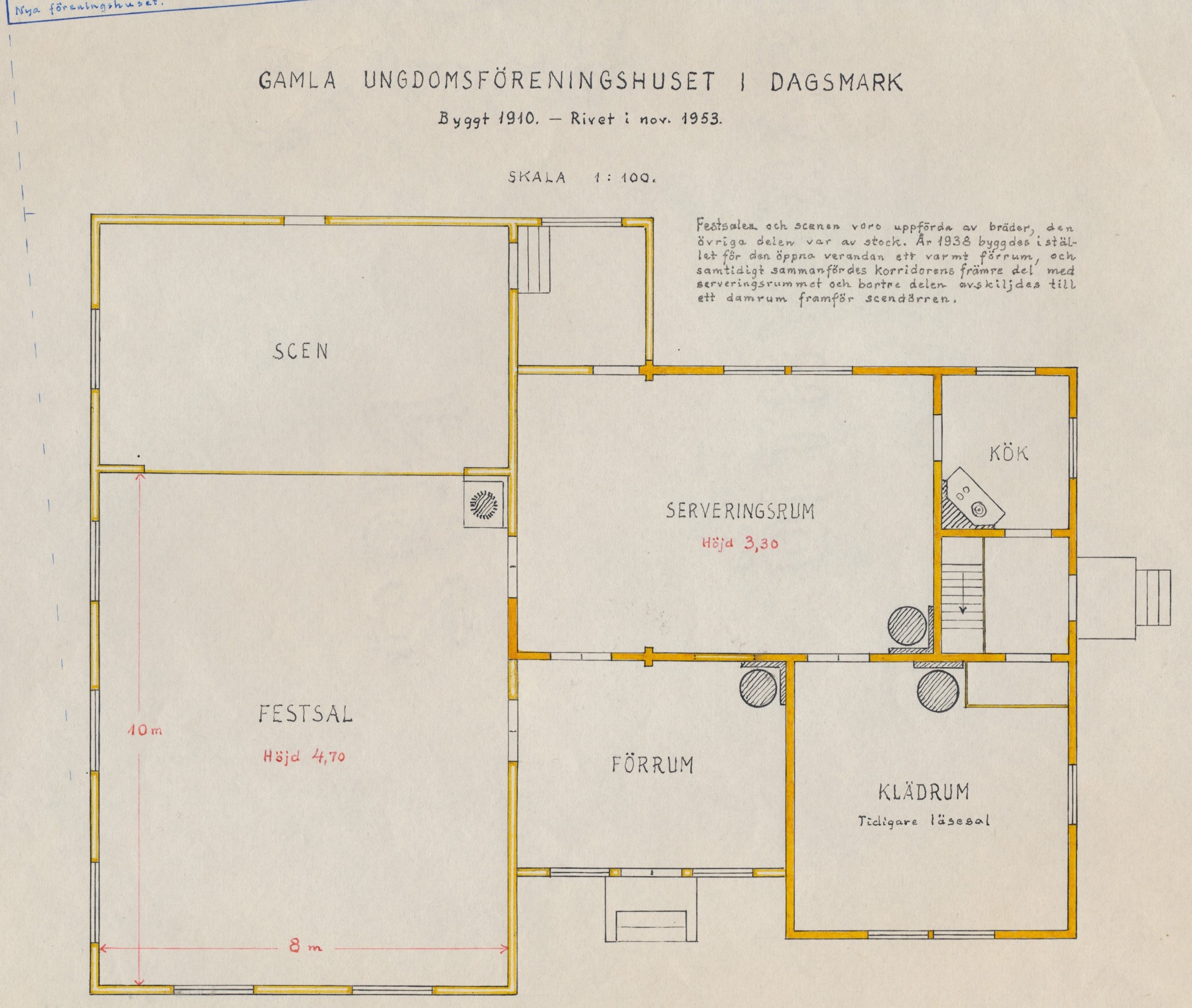 Rurik Nylunds tydliga bottenplan av det gamla Majbo som revs 1953.