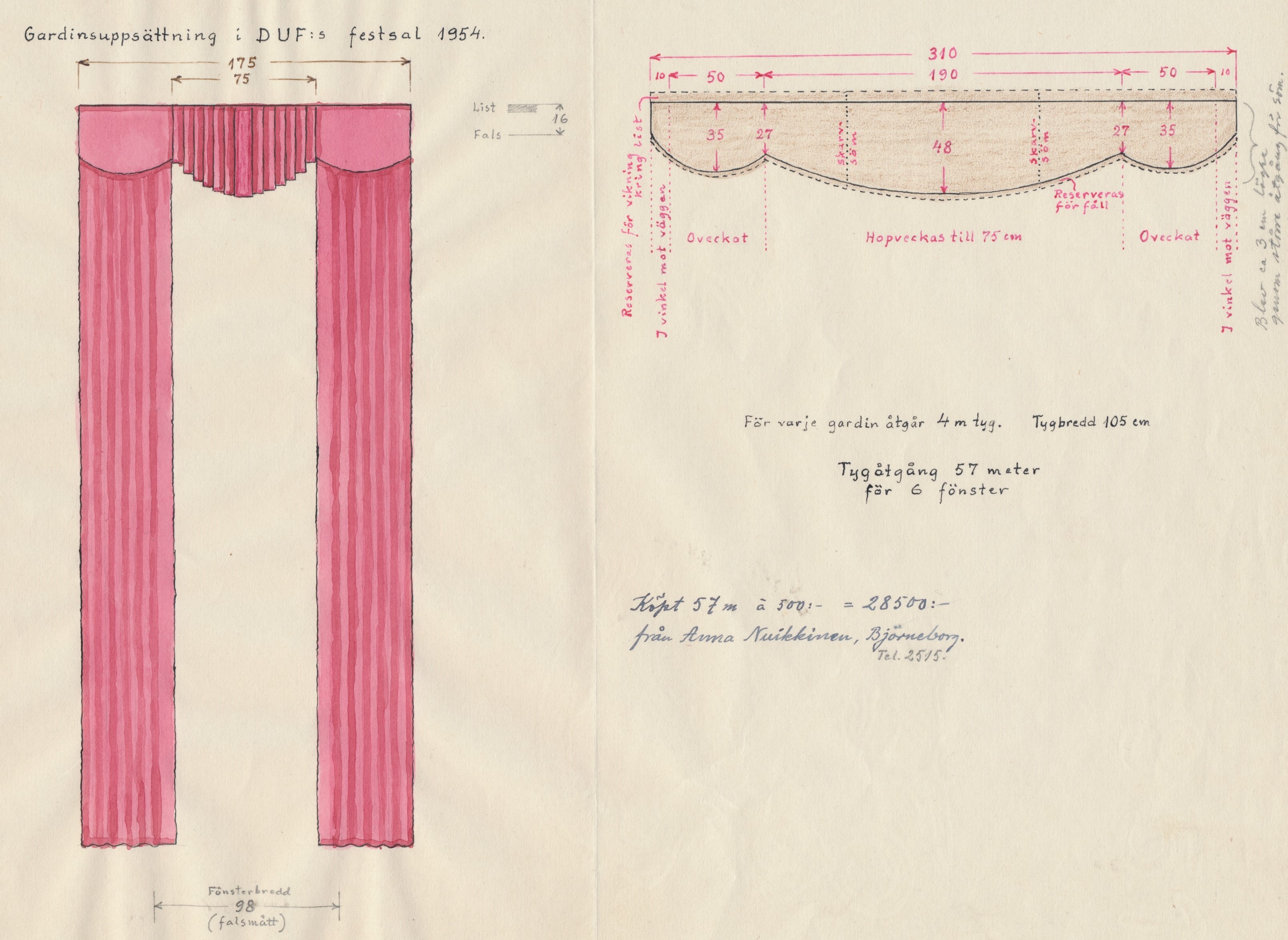 Rurik Nylund var en mångsidig man, som till och med gjorde denna tydliga ritning på gardinerna till festsalen. 57 meter gick åt och de inköptes från Björneborg, för det totala priset 28 500 mark.