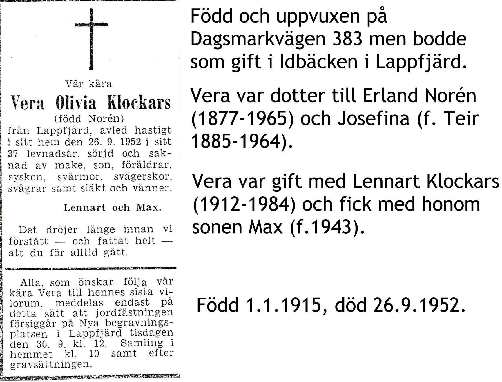 Klockars Vera Olivia, f. Norén