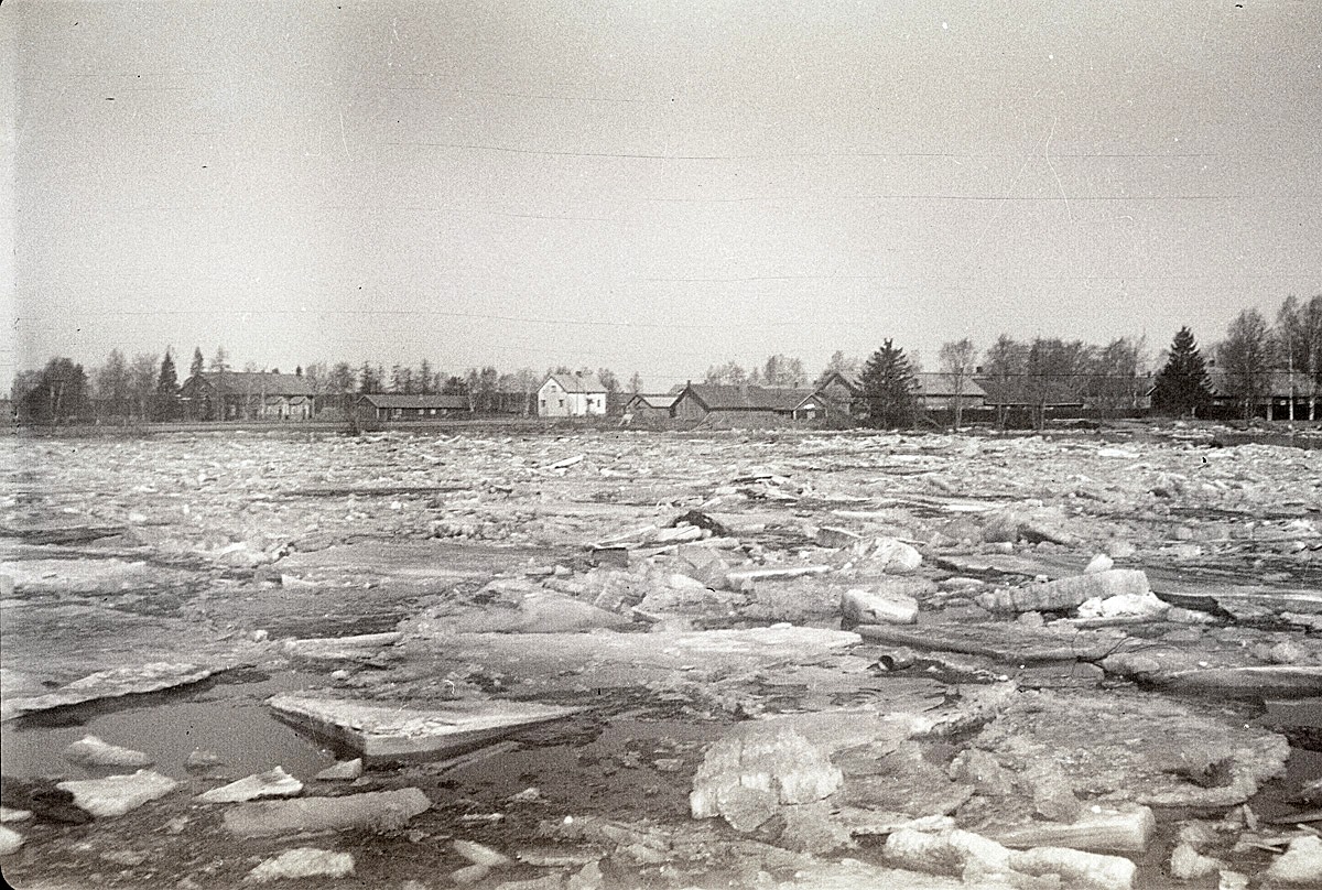 Stensund helt översvämmat vid islossningen 1962. På andra sidan ån till vänster syns norra folkskolan med uthus, den vita gården är Nils Finnströms, sedan Ålgars rian och till höger syns uthusraden vid HAB-banken.